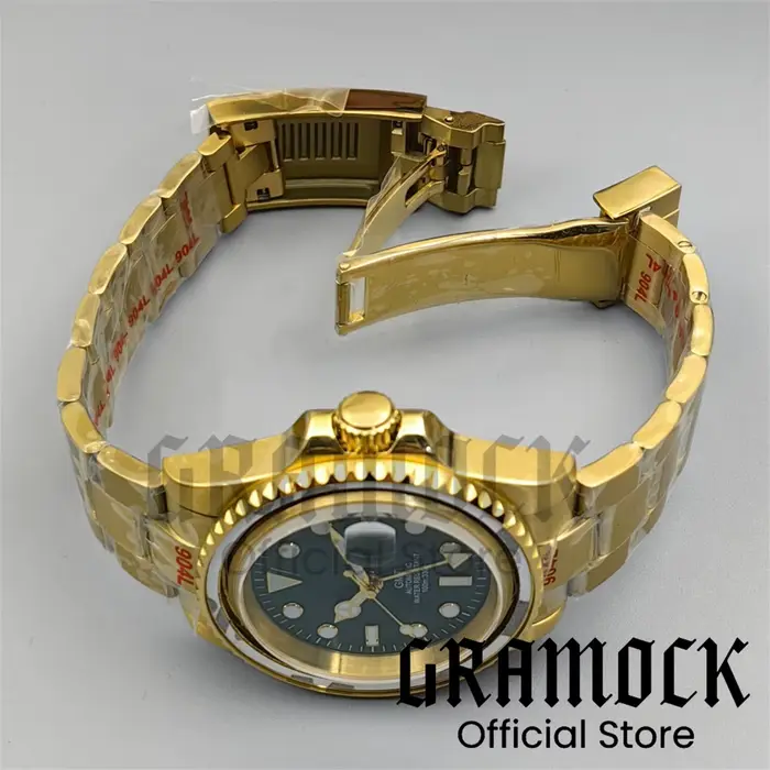 Montres Vintage personnalisées pour hommes, or jaune NH34, automatique, mécanique, cadran vert, lunette rotative, saphir, étanche, GMT