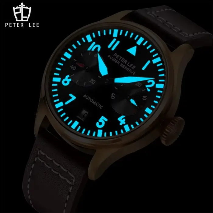 Marque de luxe PETER LEE mouvement automatique mécanique pilote montres pour homme élégant lumineux aviateur cuir mâle cadeaux montre