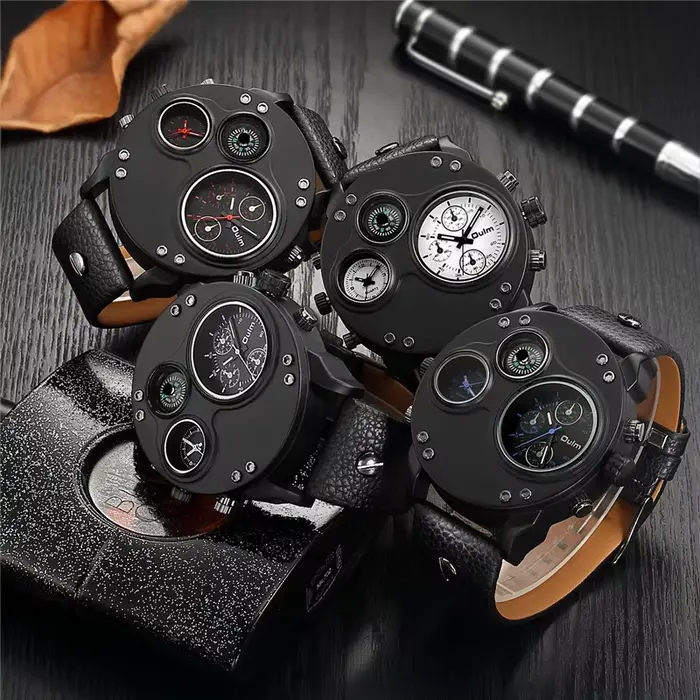 Oulm nouvelle mode Sport décontracté hommes montres en cuir noir double fuseau horaire montre-bracelet mâle Quartz grande taille luxe montre militaire
