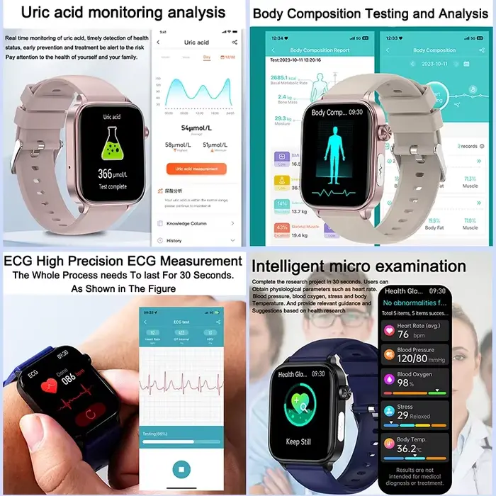 2025 nouveau ECG + PPG surveillance montre intelligente femmes pression artérielle lipïde sang acide uricique