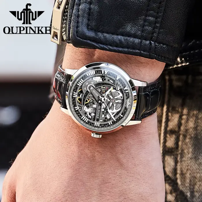 Montre-bracelet OUPINKE 3173 en acier inoxydable avec bracelet en cuir pour homme, luxe, chronographe, résistance à l'eau, design squeletté, affichage romain