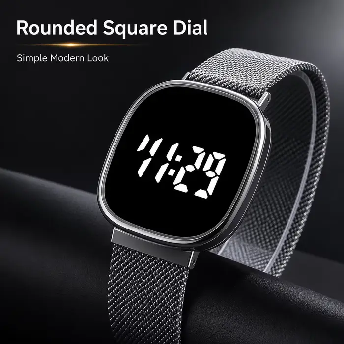 Montre en alliage avec bracelet maille métallique affichage numérique LED pour homme et femme occasions spéciales