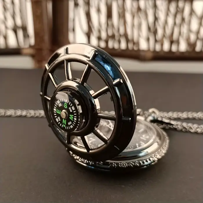 Montre de poche à Quartz Design boussole noire Vintage