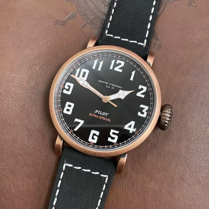 Montre pour homme 45 mm vintage antique couleur or rose titane noir bleu vert armée cuir mat