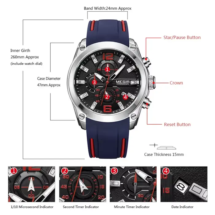 Megir montre à quartz analogique chronographe pour homme avec date