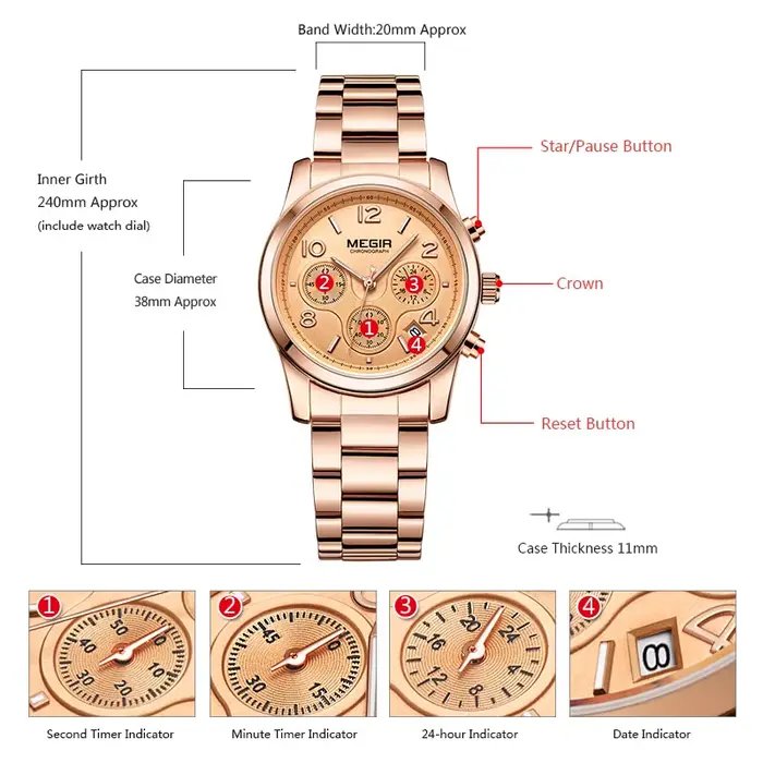 Megir dames montre chronographe montres à Quartz femmes haut de gamme de luxe montre-bracelet en or Rose Relogio Feminino часы жletiе 2057
