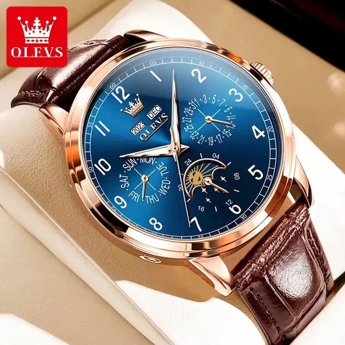 OLEVS 6698 nouvelle montre mécanique de Phase de lune pour hommes numéro 42mm grand cadran en cuir h
