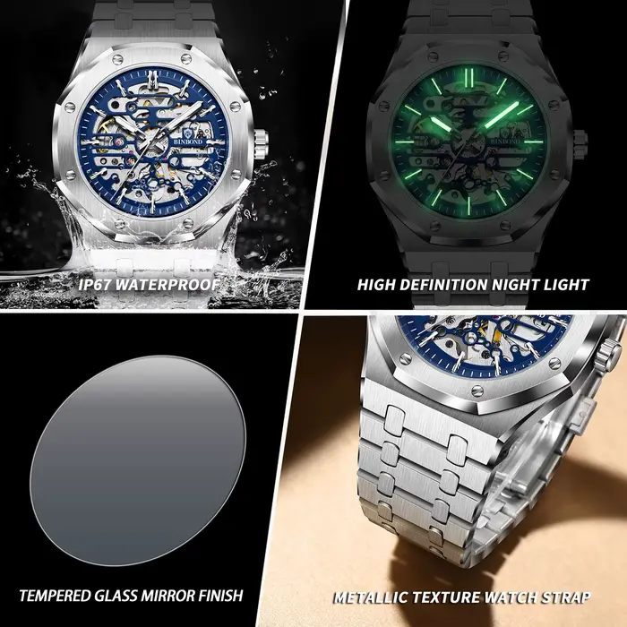 Montre mécanique squelette BINBOND résistante à l'eau pour homme avec mouvement automatique et bracelet en acier inoxydable occasions spéciales et quotidienne
