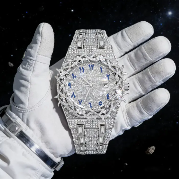 1 montre à quartz pour homme. Nouveau modèle avec bracelet entièrement serti de diamants.