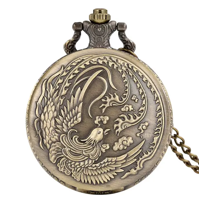 Montre de poche rétro Phoenix embossée style antique avec chaîne de collier pour femmes occasions spéciales