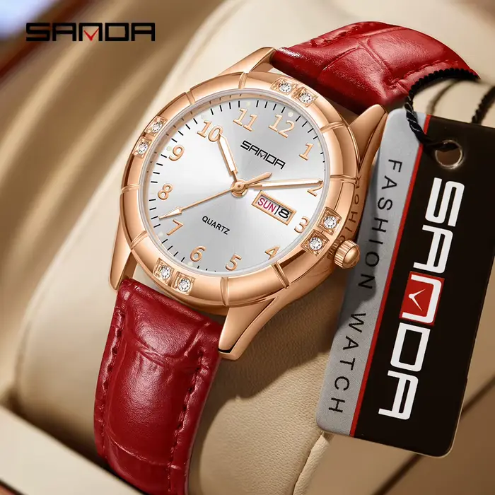 Nouvelle montre à quartz coréenne vintage en cuir à double calendrier pour femme