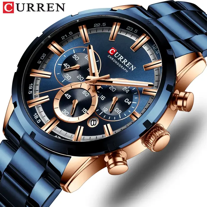 Curren montre pour hommes cadran bleu bracelet en acier inoxydable Date