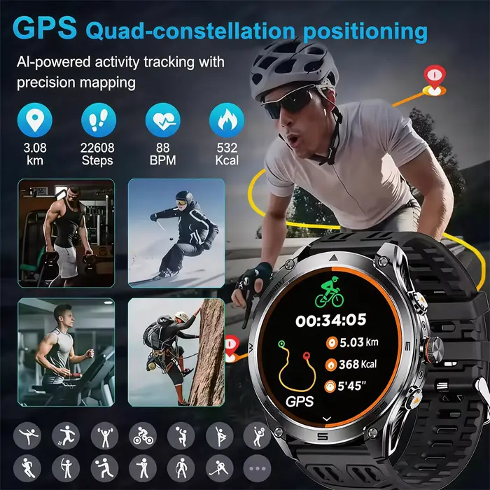 Montre connectée GPS avec écran AMOLED 1.75 pouces, plus de 100 modes sportifs, boussole, altimètre, baromètre, suivi de la santé, résistance à l'eau jusqu'à 100 mètres, autonomie de 7 à 10 jours
