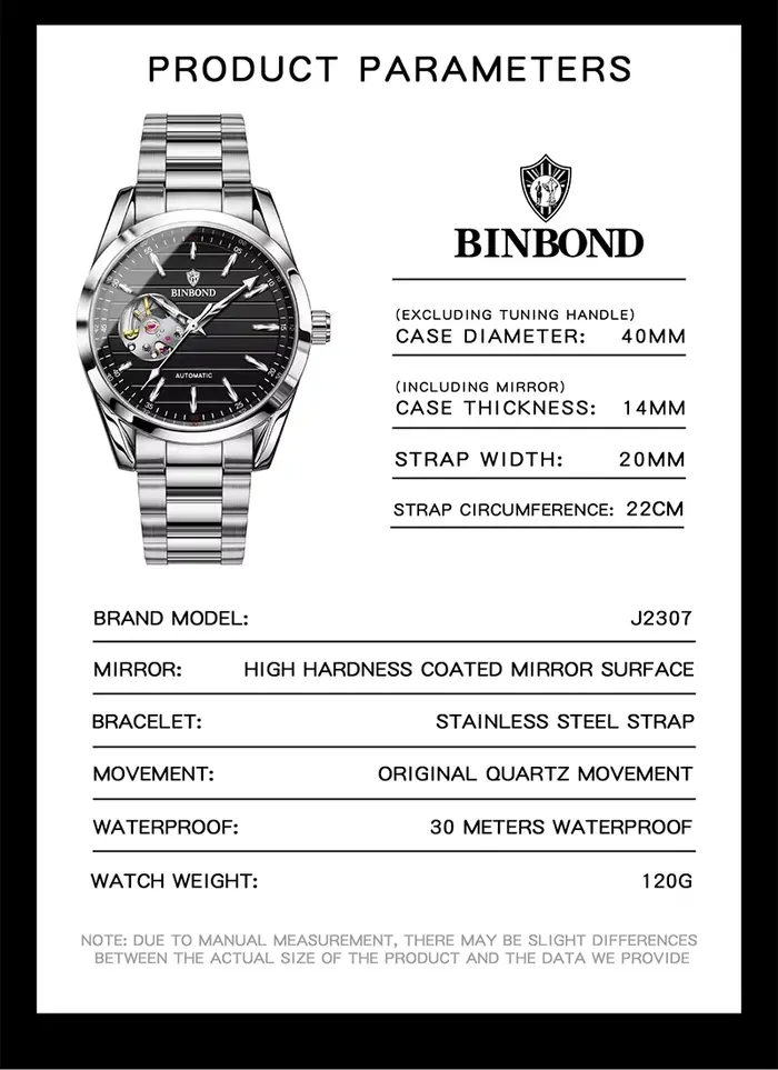Montre mécanique automatique haut de gamme BINBOND pour homme