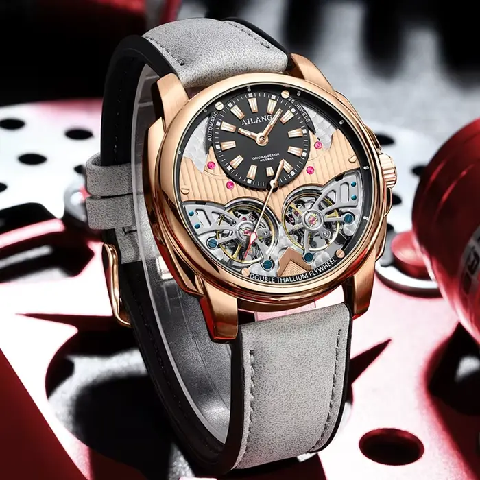AILANG automatique mécanique étanche Sport militaire hommes montre de luxe Double Tourbillon homme montre-bracelet bracelet en cuir