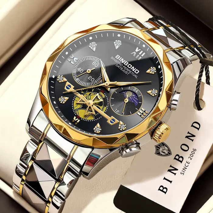 Montre chronographe robuste BINBOND pour homme à quartz avec couronne à vis, résistante à l'eau, pour affaires et occasions décontractées