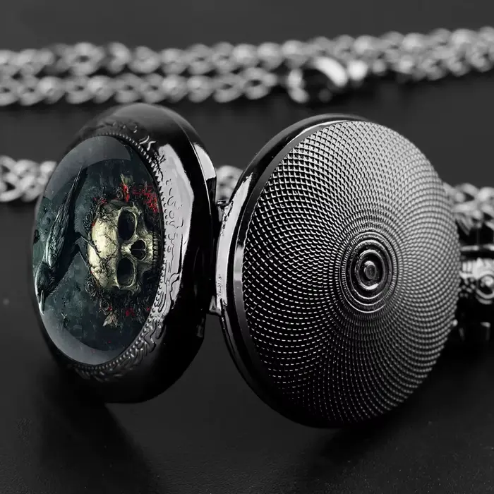 Montre de poche vintage à quartz motif lune crâne corbeau bijou unisexe chaîne acier inoxydable pour homme femme occasions spéciales