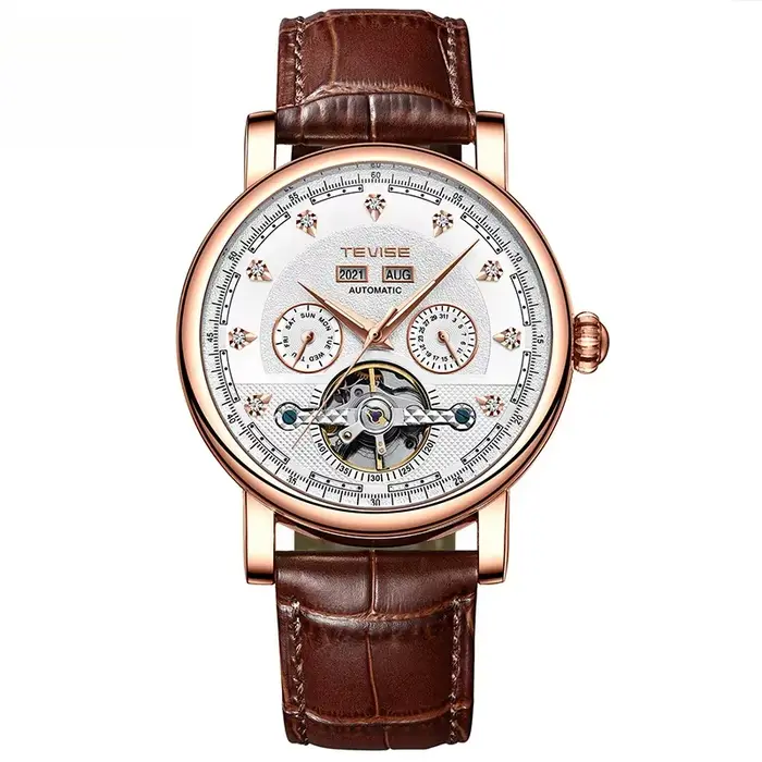 Montre mécanique automatique avec calendrier lumineux pour hommes, idéale pour voyages d'affaires, occasions décontractées, cadeau anniversaire, bracelet en cuir, mouvement automatique, résistance à l'eau 3 bars