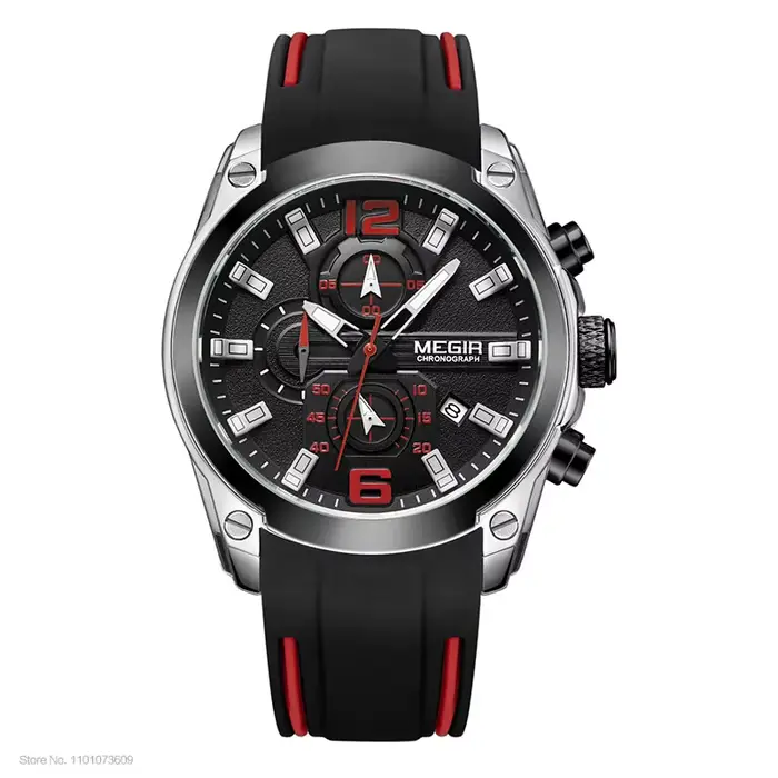 Megir — Montre à quartz analogique pour homme, lumineuse, étanche, en caoutchouc, silicone
