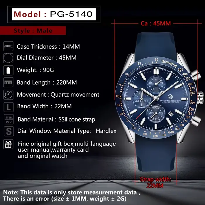 Montre sportive à quartz PAGRNE DESIGN PG 5140 résistante à l'eau pour hommes avec fonction chronométrage et cadran lumineux pour activités outdoor et urbaines