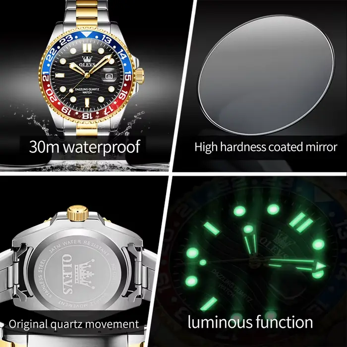 Montre de plongée OLEVS 3610 en acier inoxydable avec fonction de date automatique et aiguilles luminescentes pour homme occasions spéciales et plongée