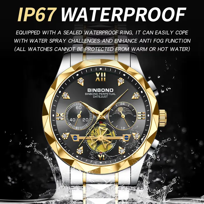 Montre chronographe robuste BINBOND pour homme à quartz avec couronne à vis, résistante à l'eau, pour affaires et occasions décontractées