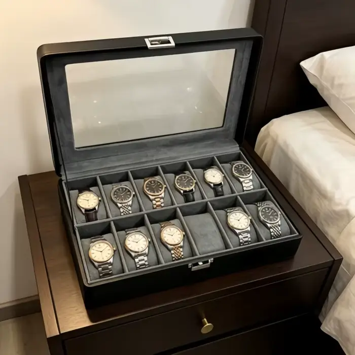 Boîte à montres en simili cuir de luxe à 12 emplacements avec serrure ensemble de 4 présentoirs à montres haut de gamme coffret à bijoux pour bracelets pour hommes occasions spéciales cadeau anniversaire fête des pères collectionneurs montres