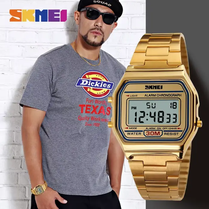 SKMEI-Montre rétro pour hommes d'affaires, électronique, étanche, à la mode, avec bande fine, numérique