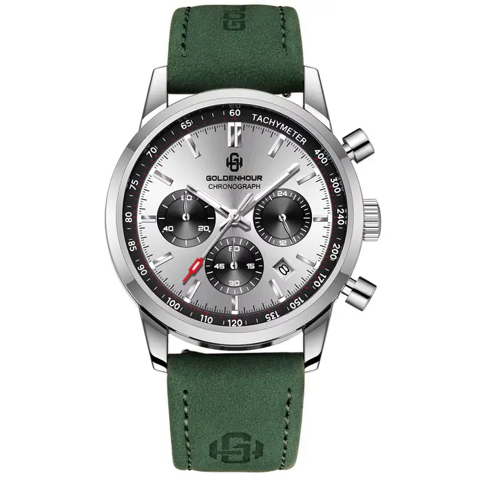 Montre de luxe pour hommes GOLDENHOUR, chronographe vert, quartz, cuir, étanche, lumineuse, montre-b