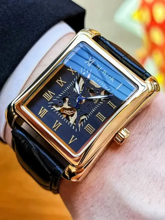 Montre mécanique pour homme, de luxe et de haute qualité, avec découpe carrée double face, style bus