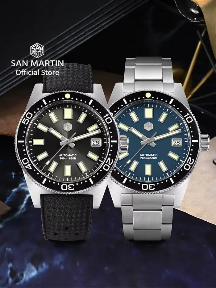 Montre de Plongée San Martin SN0007 avec Cadran Emaillé, Bracelet Acier Inoxydable et Étanche jusqu'à 200m Occasions Spéciales