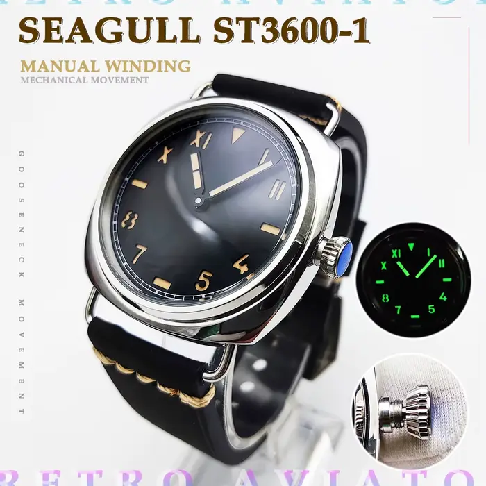 Montre pour hommes réédition 45mm Vintage pilote manuel mécanique