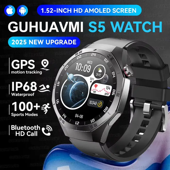 Montre connectée originale GS5 Pro GPS Sports IP68 étanche pour hommes, écran AMOLED HD de 1,52 pouc