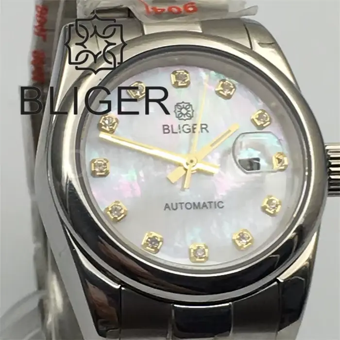 BLIGER 31m montre pour femme verre saphir or Rose marron blanc cadran nacre avec argent or diamant Index étanche Date