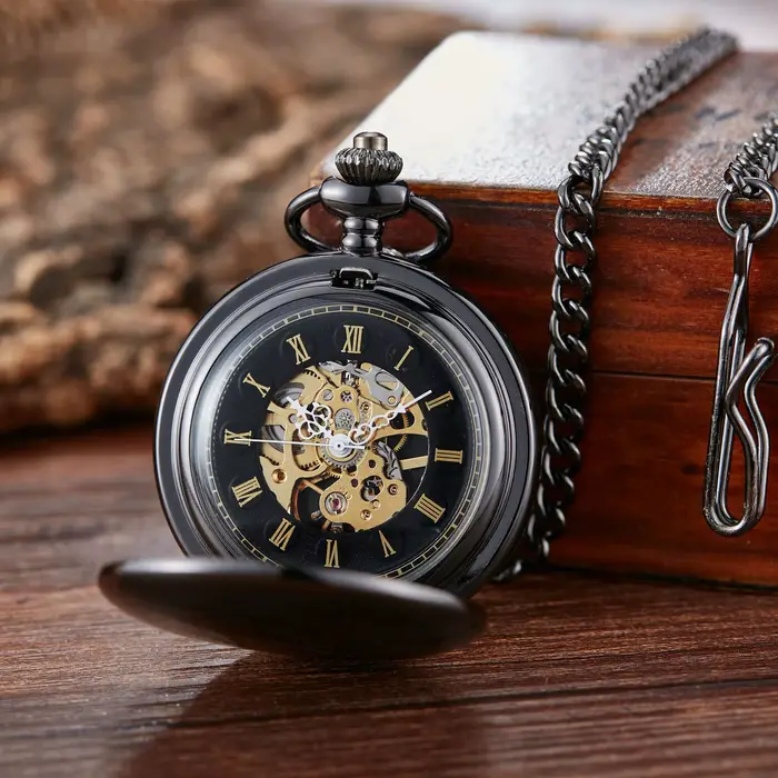 Montre de poche mécanique classique double face remontage manuel surface lisse creux chiffre romain hommes femmes
