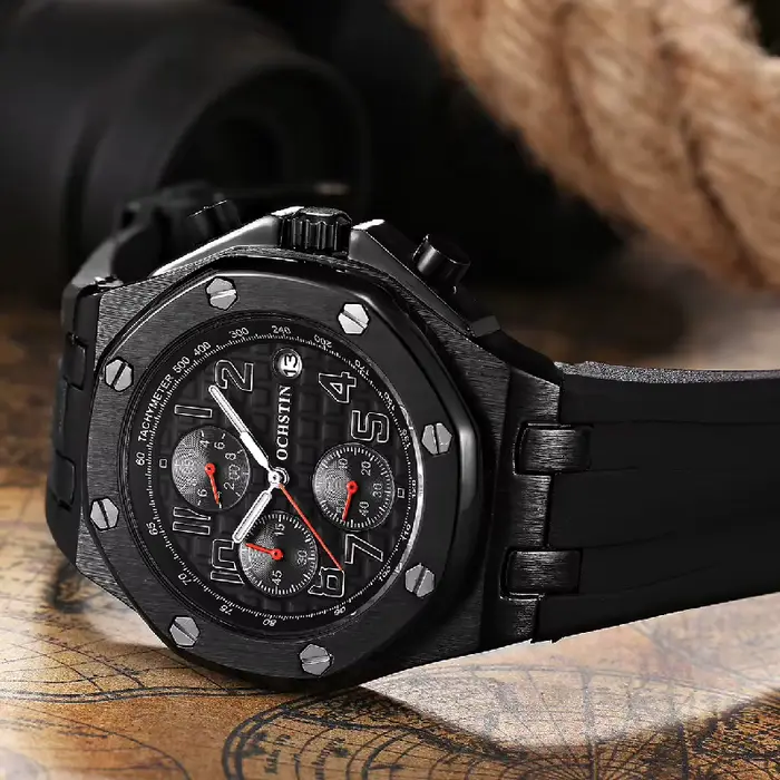 Montre chronographe OCHSTIN style sport de luxe avec lunette octogonale et bracelet en silicone pour hommes occasions spéciales