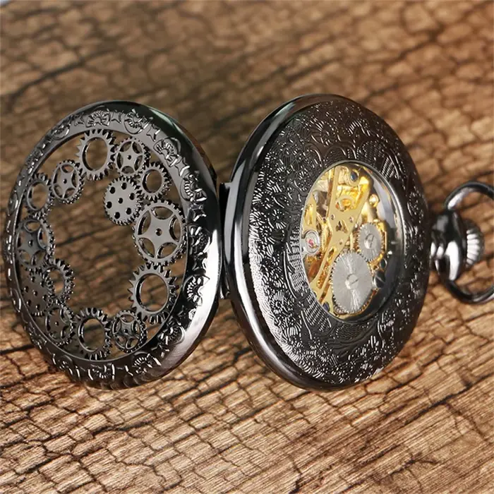 Montre de poche mécanique antique Steampunk design roue dengrenage transparente pendentif à remontage manuel homme occassions spéciales