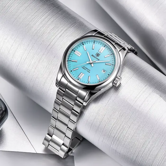 Montre mécanique homme BENYAR acier inoxydable avec mouvement automatique et résistance à l'eau 10 bars pour occasions diverses