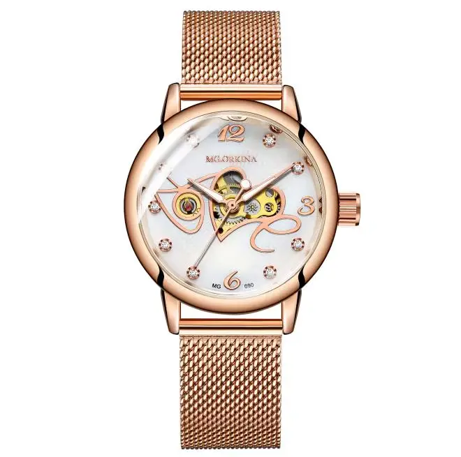 Montre mécanique automatique en or Rose pour femmes, mode strass, Design creux, maille en acier inox