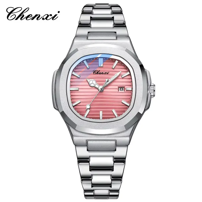 CHENXI 8222 montre à Quartz pour femme cadran rayé rose avec calendrier lumineux bracelet en acier inoxydable montre-bracelet pour fille cadeau