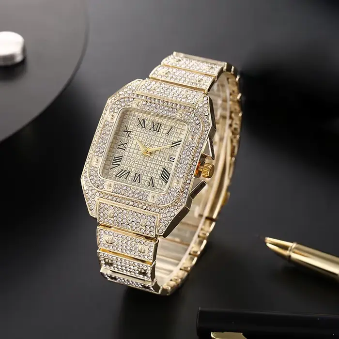 Classique luxe affaires hommes bracelet en acier carré échelle romaine strass montre à Quartz Lesiure homme montre-bracelet Relogio Masculino
