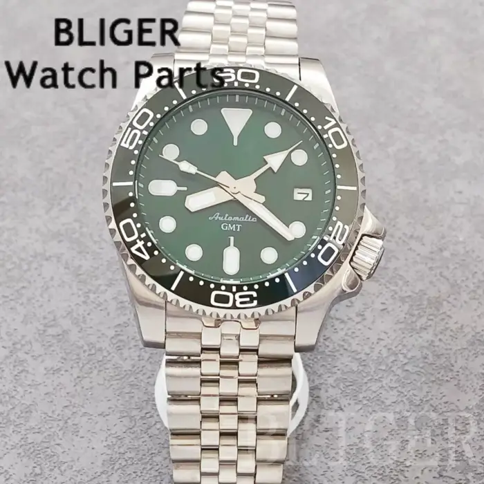 BLIGER 40mm GMT montre pour hommes NH34 mouvement automatique 3.8 couronne cadran vert insérer 10Bar étanche nouveau