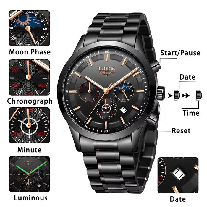 LIGE montres d'affaires hommes Top marque de luxe montre-bracelet à Quartz 3Bar étanche chronographe montre lumineuse pour Gentleman cadeau + boîte
