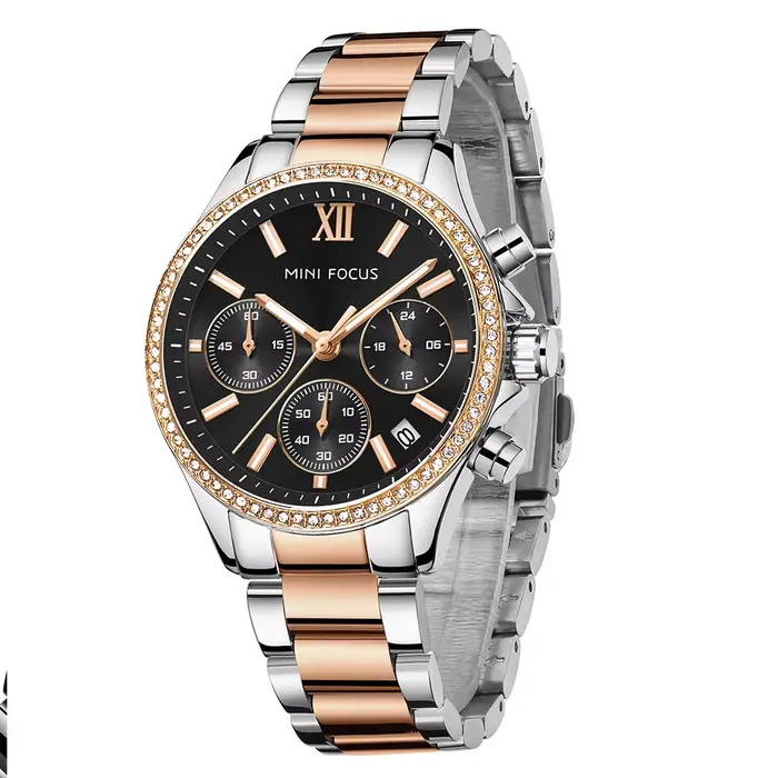 Montre multifonctionnelle MINI FOCUS en acier inoxydable pour femmes avec date automatique, chronographe et calendrier complet pour les occasions quotidiennes et spéciales