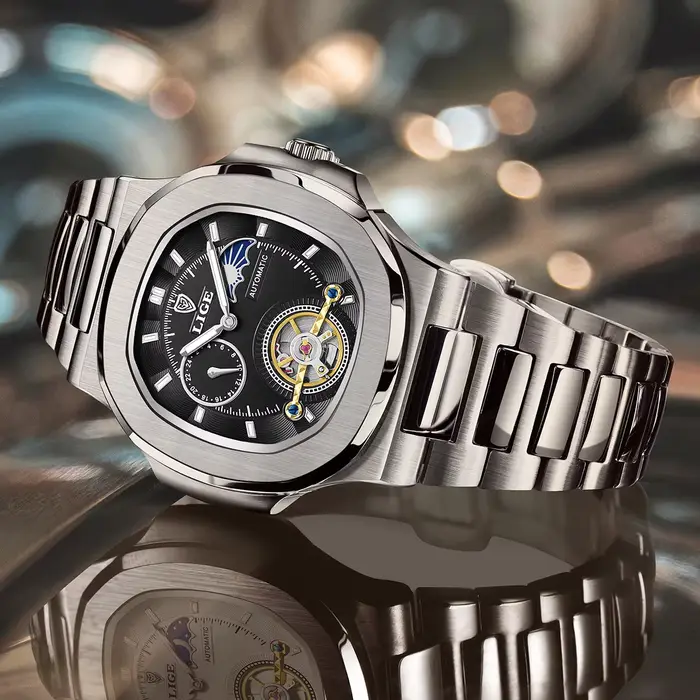 Montre LIGE pour Homme Luxe Automatique Boîtier Carré Élégante Bracelet Acier Inoxydable Occasions Formelles