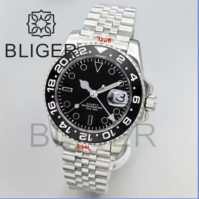 BLIGER 40mm GMT montres pour hommes 100M étanche Logo personnalisé céramique verre saphir acier inoxydable affaires