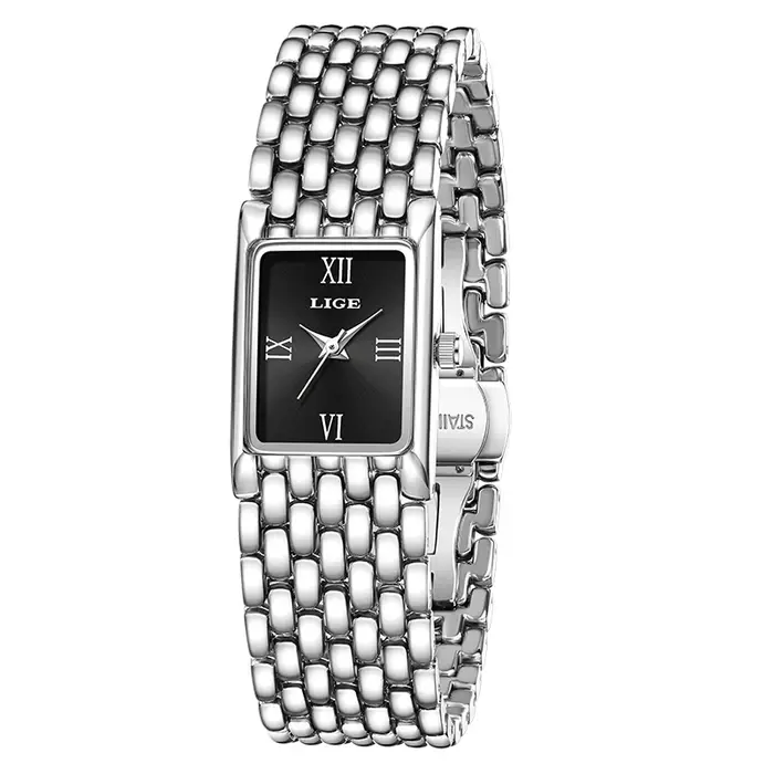 LIGE montre en argent pour femmes carré dames montres à Quartz en acier inoxydable