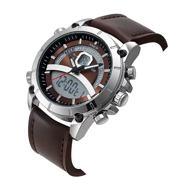 Montre homme XINEW à quartz avec double affichage analogique-digital, bracelet en cuir, chronographe et répéteur pour occasions spéciales