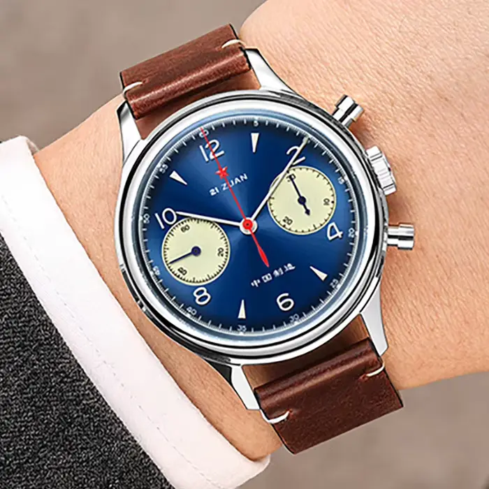 Montre à remontage manuel vintage Red Star pour homme, chronographe, mouvement de la mer, acrylique, saphir, bleu profond, horloge pilote avec col de cygne, 1963 occasion spéciale