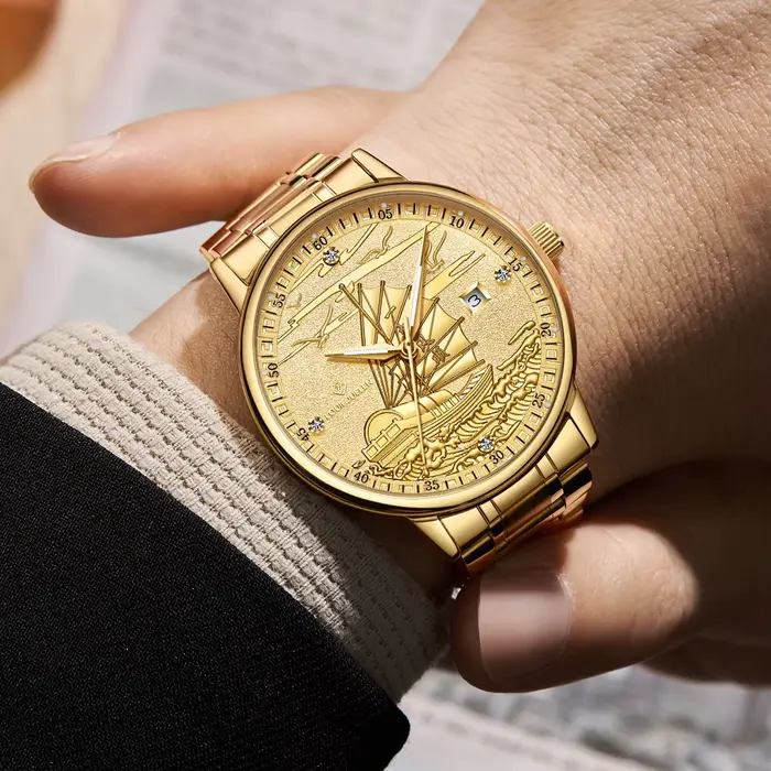 Montre Homme Luxe Affaires Or Design Voilier Date Lumineuse Étanche Bracelet Acier Quartz Montres